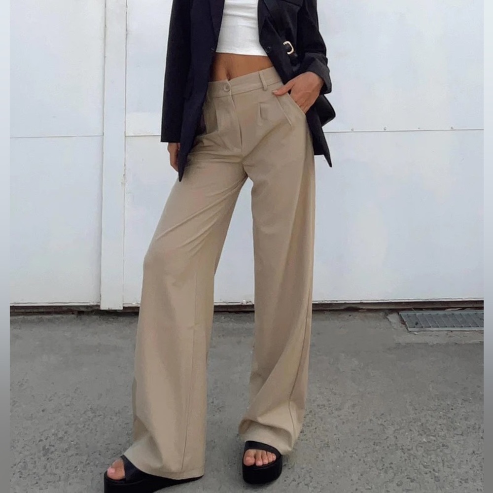 PRINCESS POLLY Archer High Waisted Pleated Straight Dress Pants Taupe